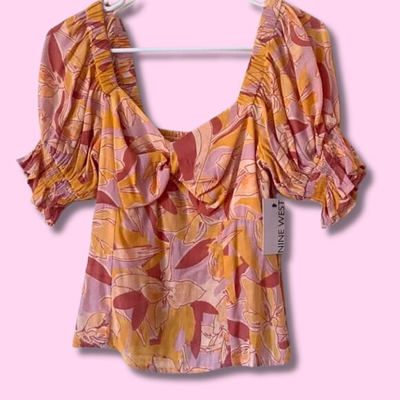 Nine West Cropped Short Sleeve Blouse with Retro Flair Orange and Pink Color - Picture 1 of 8